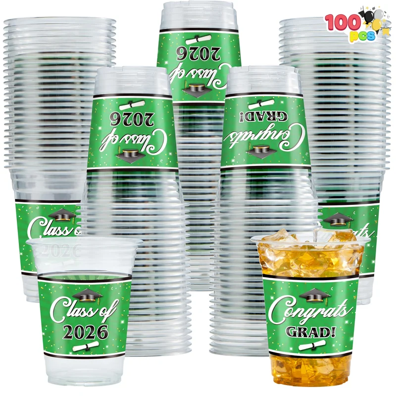 100Pcs 16oz Green Disposable PET Graduation Cups Class of 2026 Party Supplies