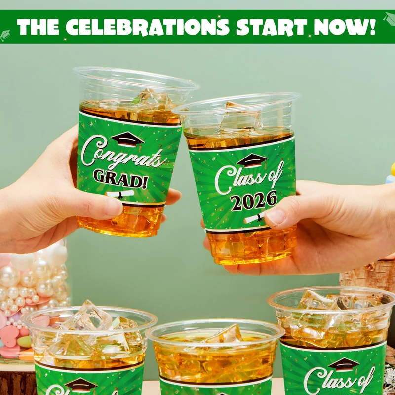 100Pcs 16oz Green Disposable PET Graduation Cups Class of 2026 Party Supplies