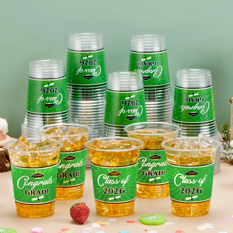 100Pcs 16oz Green Disposable PET Graduation Cups Class of 2026 Party Supplies