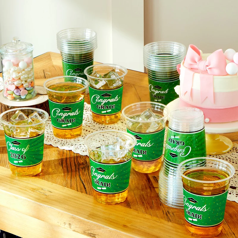 100Pcs 16oz Green Disposable PET Graduation Cups Class of 2026 Party Supplies