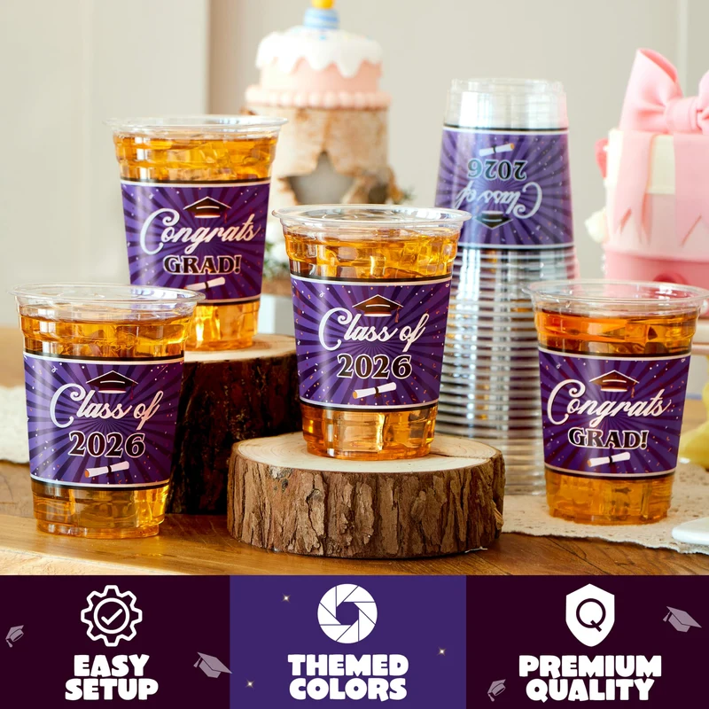 100Pcs 16oz Purple Disposable PET Graduation Cups Class of 2026 Party Supplies
