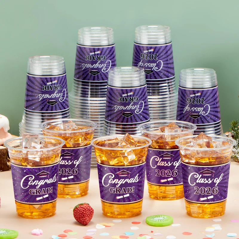 100Pcs 16oz Purple Disposable PET Graduation Cups Class of 2026 Party Supplies