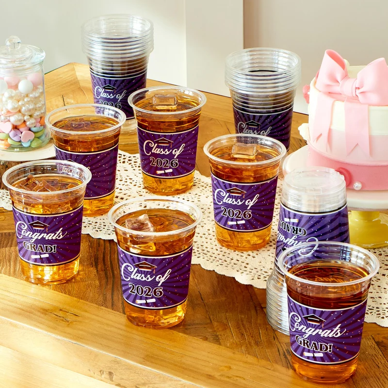 100Pcs 16oz Purple Disposable PET Graduation Cups Class of 2026 Party Supplies