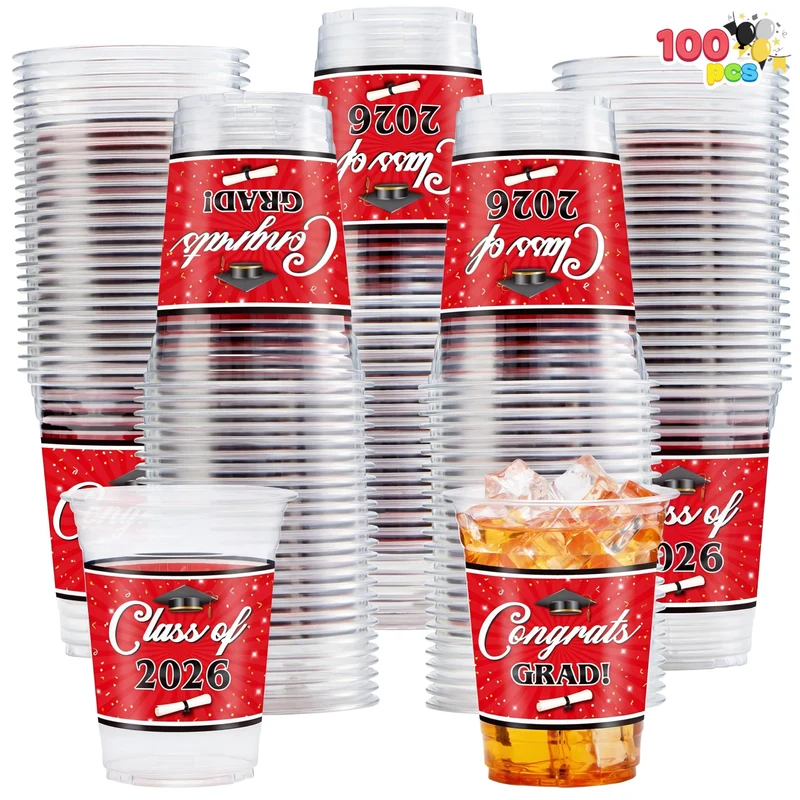 100Pcs 16oz Red Disposable PET Graduation Cups Class of 2026 Party Supplies