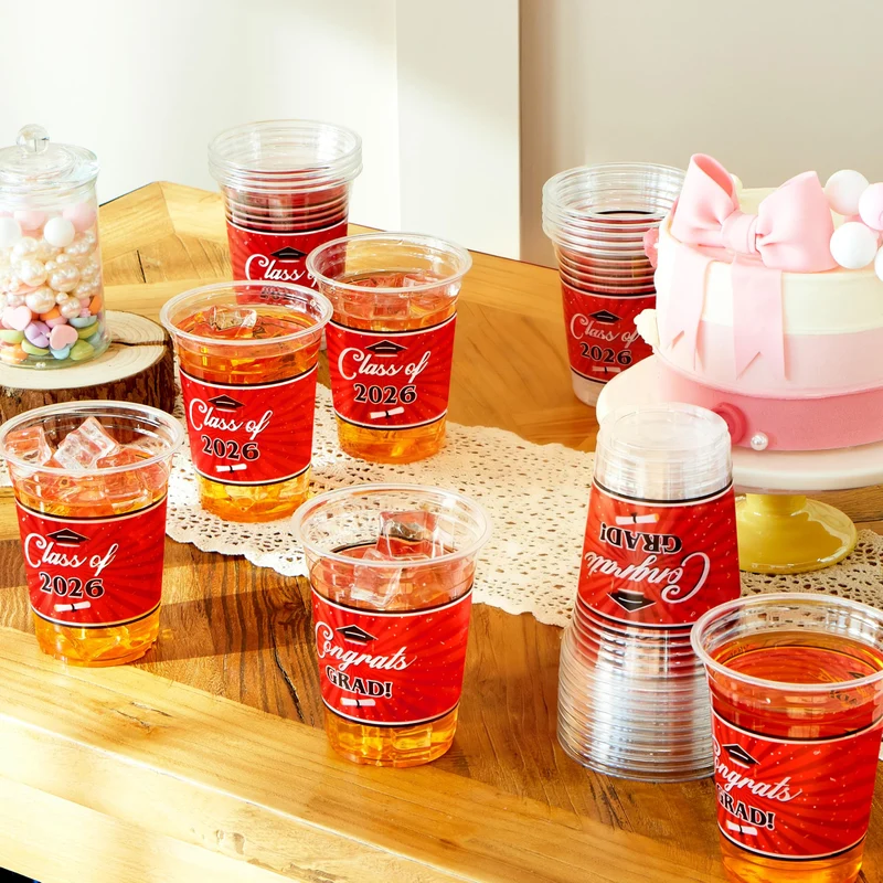 100Pcs 16oz Red Disposable PET Graduation Cups Class of 2026 Party Supplies