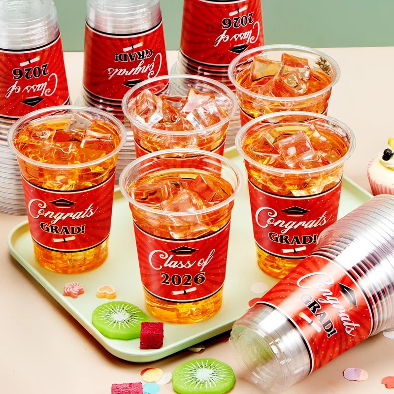 100Pcs 16oz Red Disposable PET Graduation Cups Class of 2026 Party Supplies