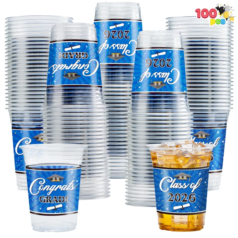 100Pcs 16oz Blue Disposable PET Graduation Cups Class of 2026 Party Supplies