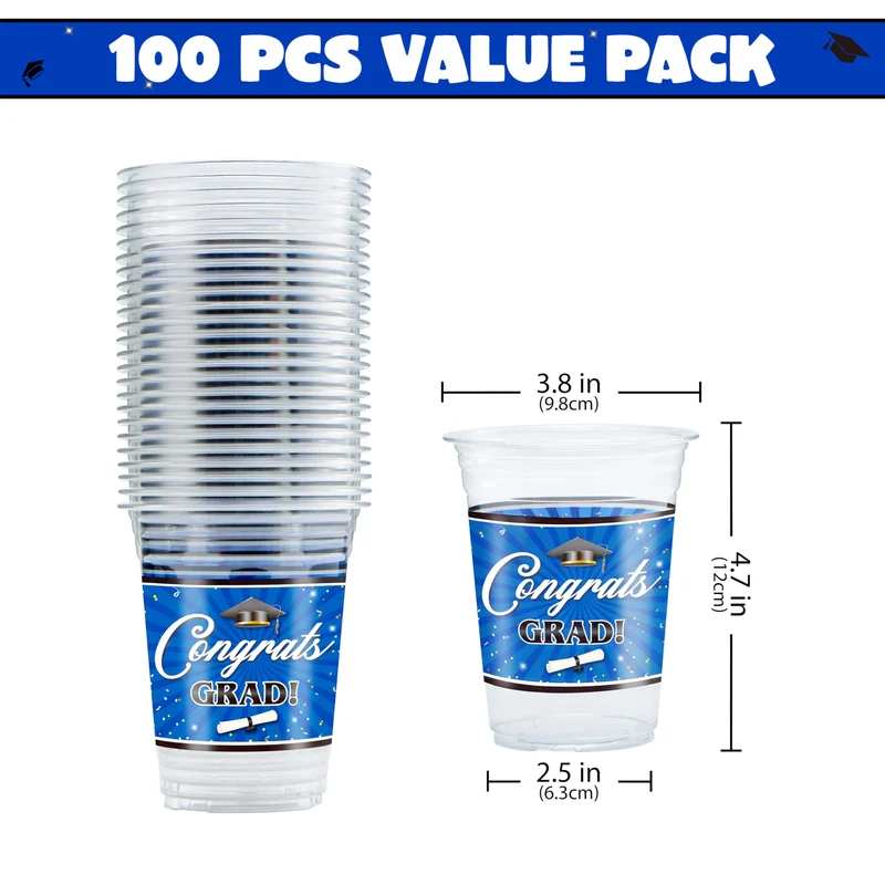100Pcs 16oz Blue Disposable PET Graduation Cups Class of 2026 Party Supplies
