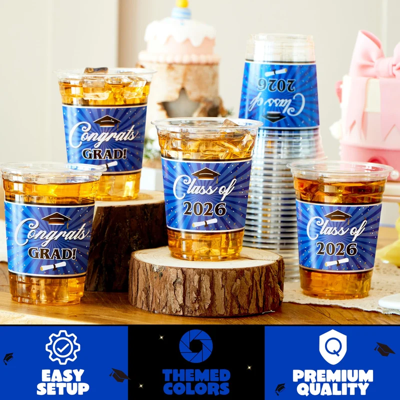 100Pcs 16oz Blue Disposable PET Graduation Cups Class of 2026 Party Supplies