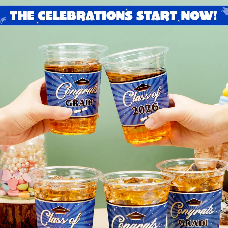 100Pcs 16oz Blue Disposable PET Graduation Cups Class of 2026 Party Supplies