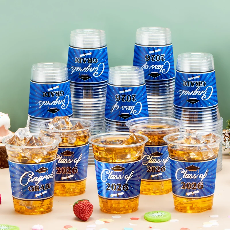 100Pcs 16oz Blue Disposable PET Graduation Cups Class of 2026 Party Supplies