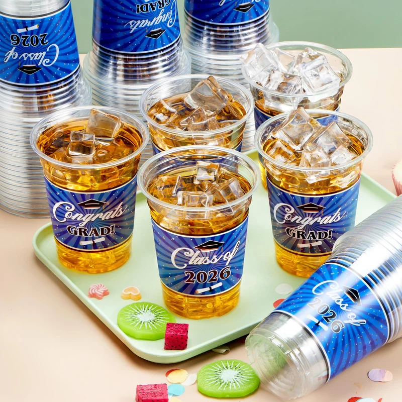 100Pcs 16oz Blue Disposable PET Graduation Cups Class of 2026 Party Supplies