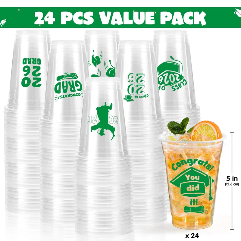 24Pcs 16oz Green Disposable Graduation Cups Class of 2026 Party Supplies