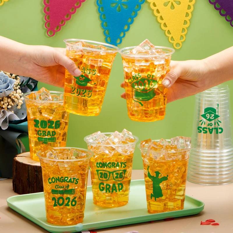 24Pcs 16oz Green Disposable Graduation Cups Class of 2026 Party Supplies