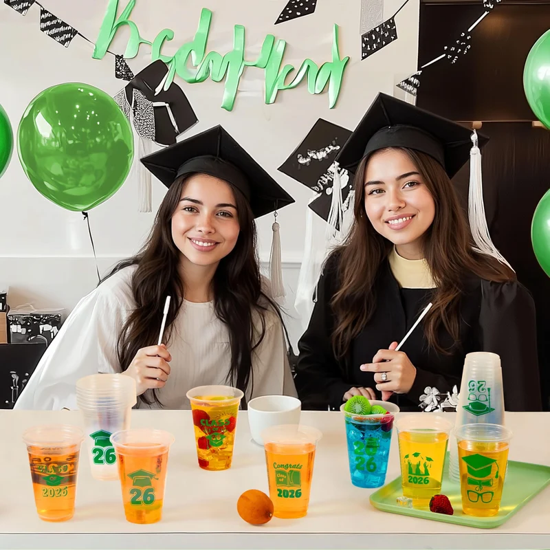 24Pcs 16oz Green Disposable Graduation Cups Class of 2026 Party Supplies