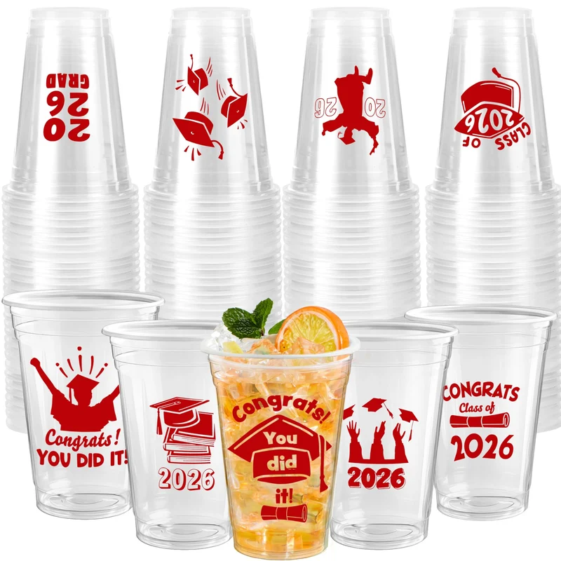 24Pcs 16oz Red Disposable Graduation Cups Class of 2026 Party Supplies