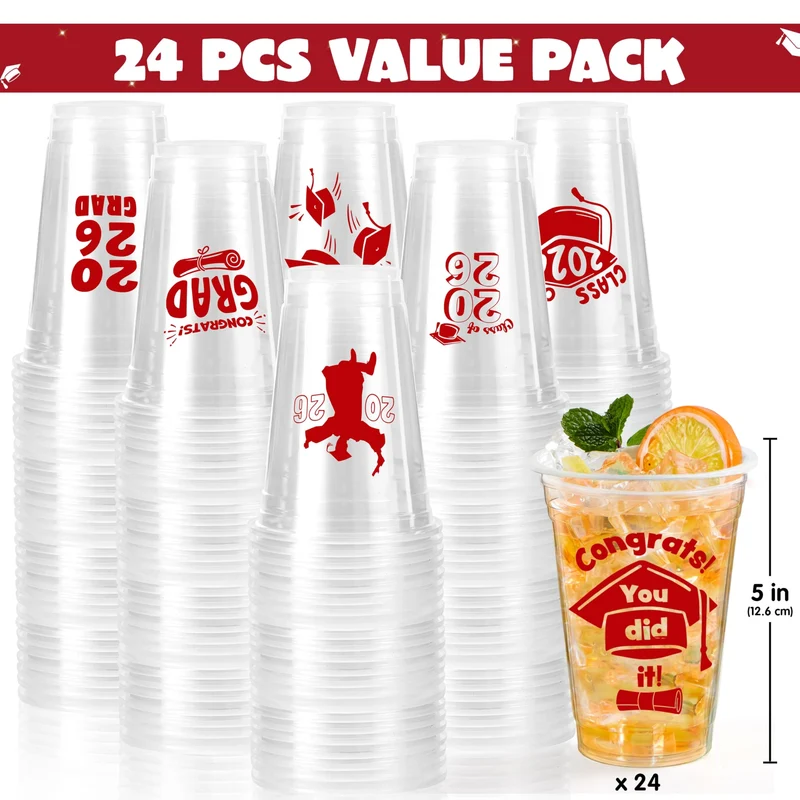 24Pcs 16oz Red Disposable Graduation Cups Class of 2026 Party Supplies