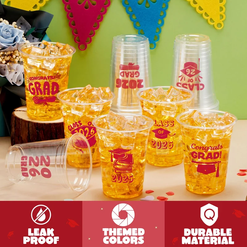 24Pcs 16oz Red Disposable Graduation Cups Class of 2026 Party Supplies