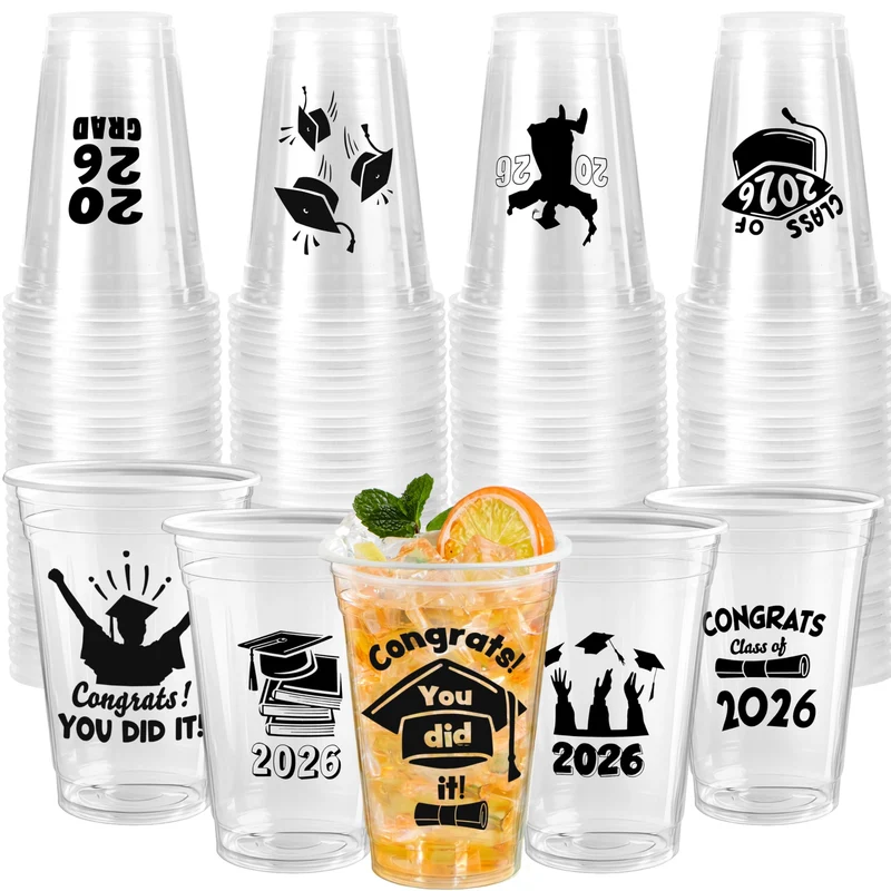 24Pcs 2026 Graduation Plastic Cups Black 16OZ Disposable Party Decorations