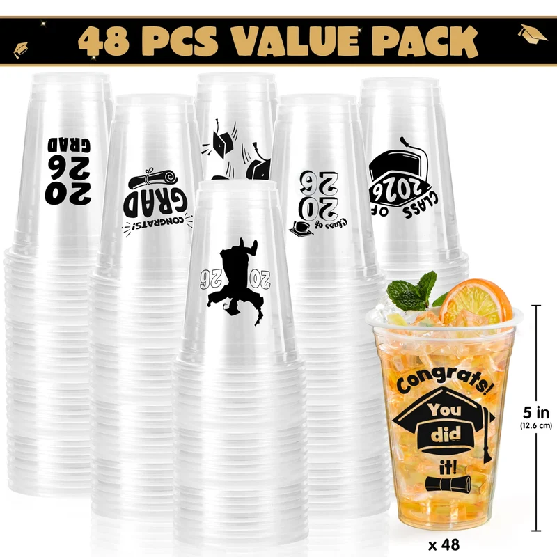 24Pcs 2026 Graduation Plastic Cups Black 16OZ Disposable Party Decorations