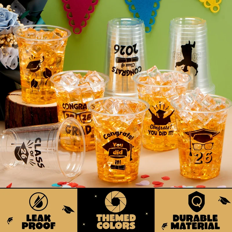 24Pcs 2026 Graduation Plastic Cups Black 16OZ Disposable Party Decorations