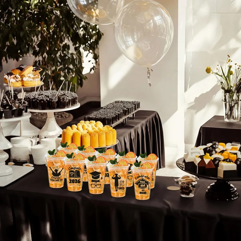 24Pcs 2026 Graduation Plastic Cups Black 16OZ Disposable Party Decorations
