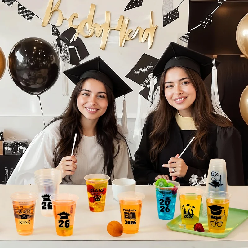 24Pcs 2026 Graduation Plastic Cups Black 16OZ Disposable Party Decorations