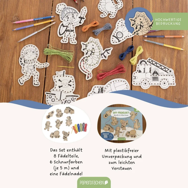 Papierdrachen DIY Fädelset aus Holz - Berufe & Abenteuer