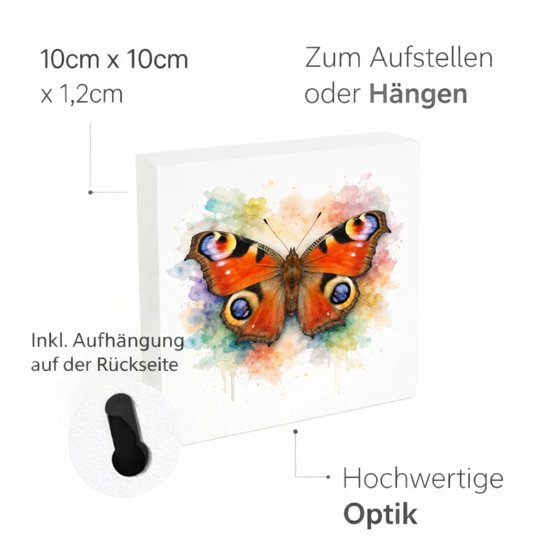 Schmetterlingszauber Tagpfauenauge Holzbild in 10x10 cm zum Stellen oder Aufhängen