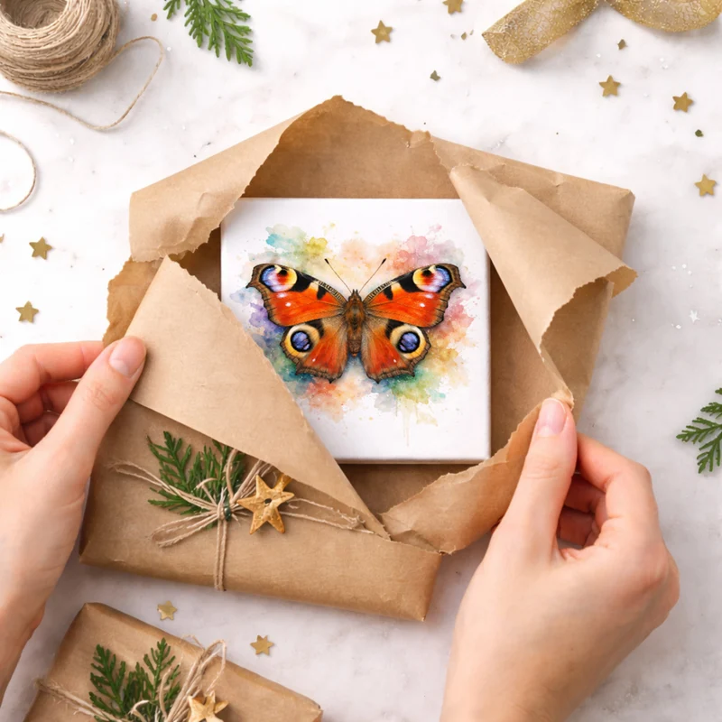 Schmetterlingszauber Tagpfauenauge Holzbild in 10x10 cm zum Stellen oder Aufhängen
