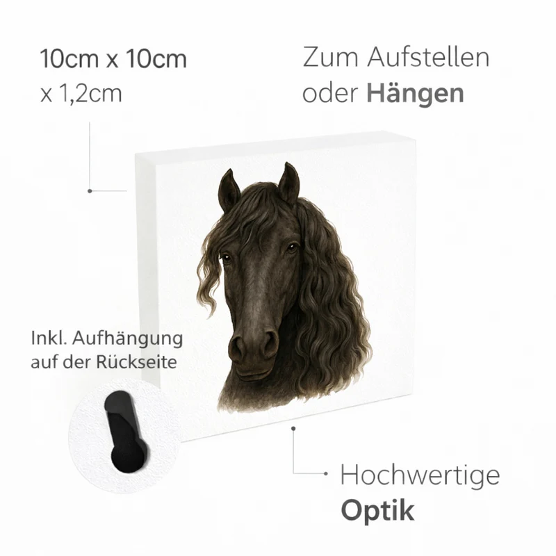 Prächtige Schönheiten Friese Portrait Pferde Holzbild in 10x10 cm zum Stellen oder Aufhängen