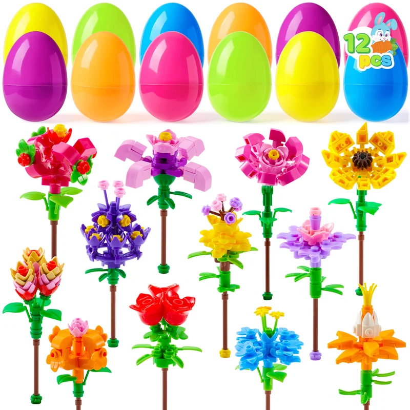 12 Pcs Flower Building Blocks Prefilled Easter Eggs for Kids Egg Hunt
