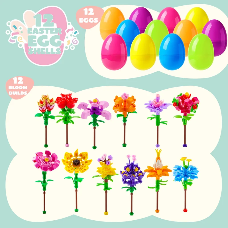 12 Pcs Flower Building Blocks Prefilled Easter Eggs for Kids Egg Hunt