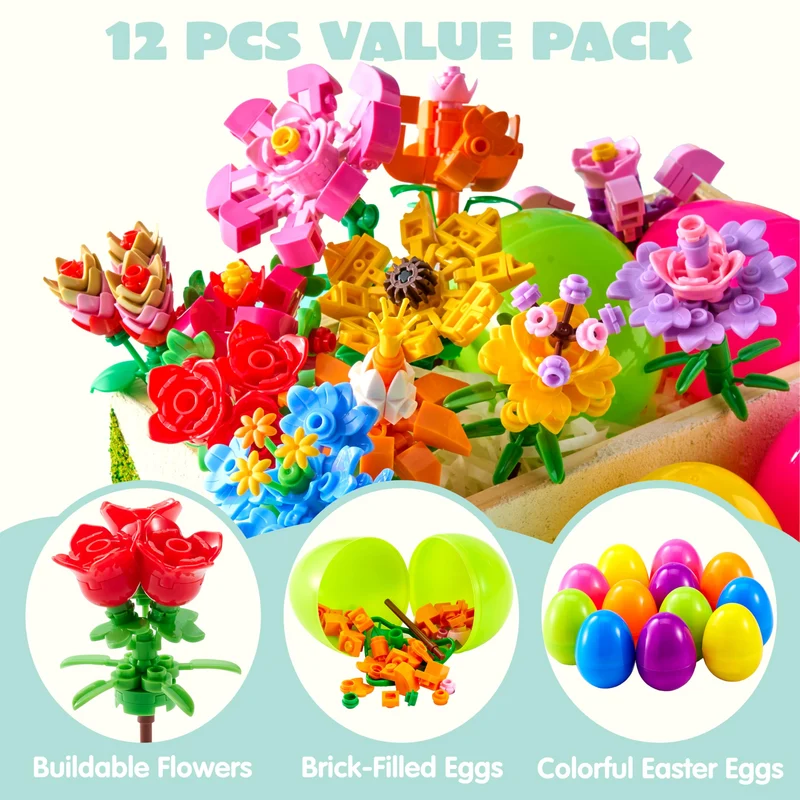 12 Pcs Flower Building Blocks Prefilled Easter Eggs for Kids Egg Hunt