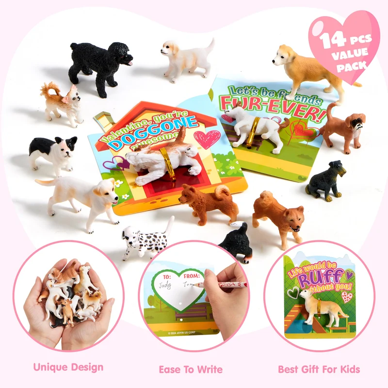 JOYIN 14 Pack Valentines Day Greeting Card with Dog Puppy Figure Toys for Kids Party Favor