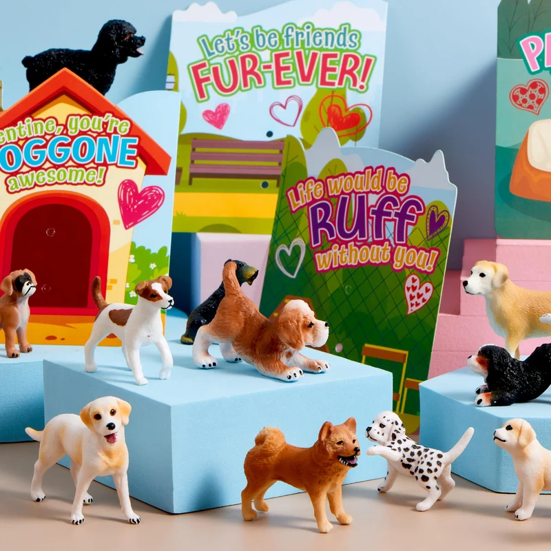 JOYIN 14 Pack Valentines Day Greeting Card with Dog Puppy Figure Toys for Kids Party Favor