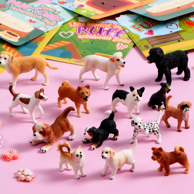 JOYIN 14 Pack Valentines Day Greeting Card with Dog Puppy Figure Toys for Kids Party Favor