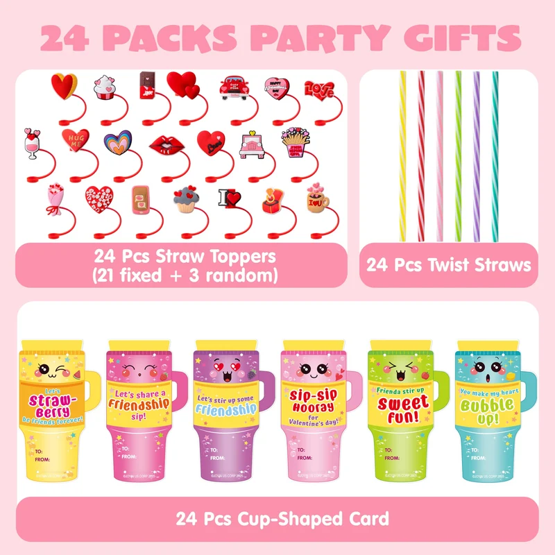 JOYIN 24 Pcs Valentines Day Cards with Straws Covers Caps for Cup Tumbler