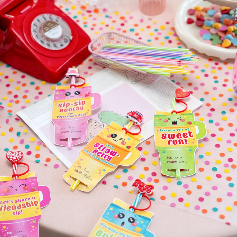 JOYIN 24 Pcs Valentines Day Cards with Straws Covers Caps for Cup Tumbler