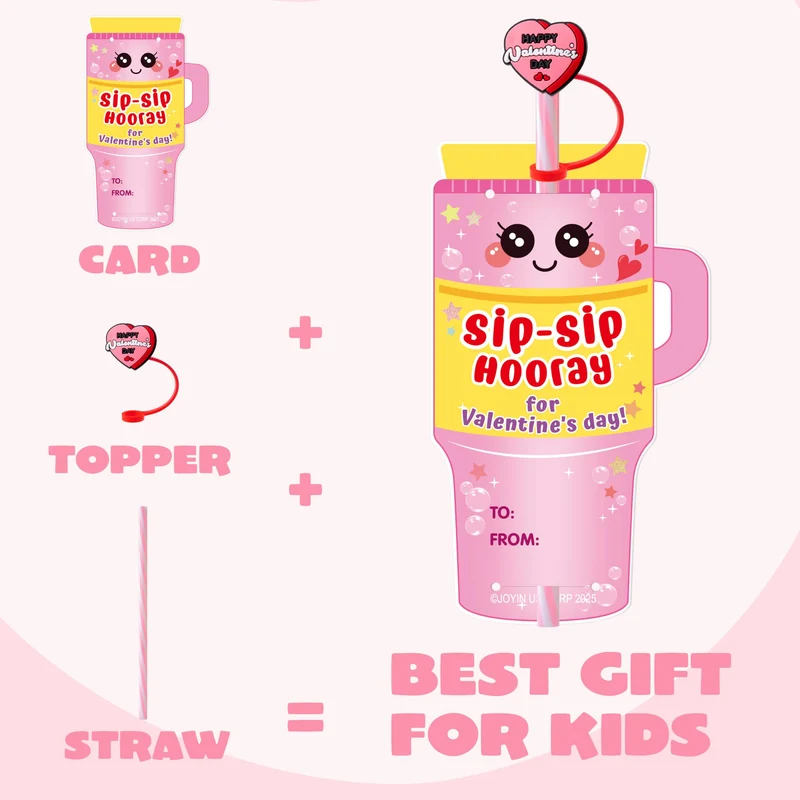 JOYIN 24 Pcs Valentines Day Cards with Straws Covers Caps for Cup Tumbler