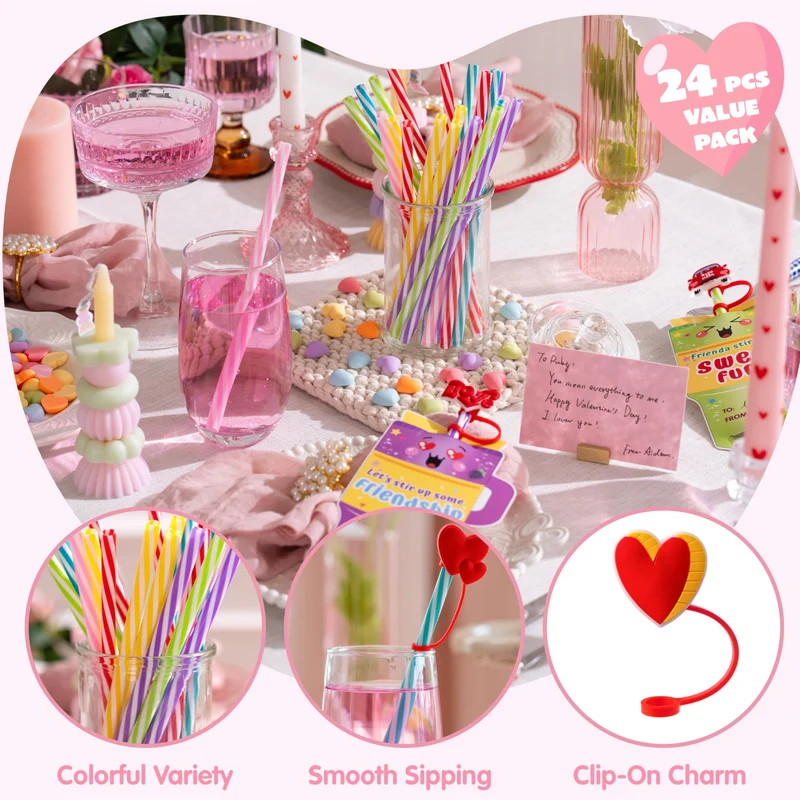 JOYIN 24 Pcs Valentines Day Cards with Straws Covers Caps for Cup Tumbler