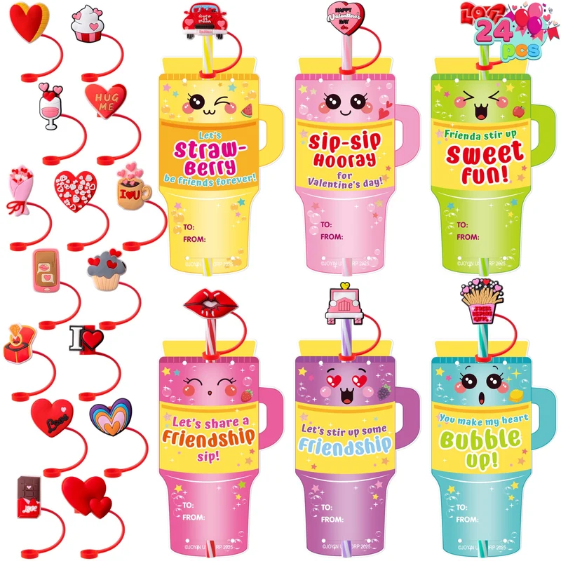 JOYIN 24 Pcs Valentines Day Cards with Straws Covers Caps for Cup Tumbler