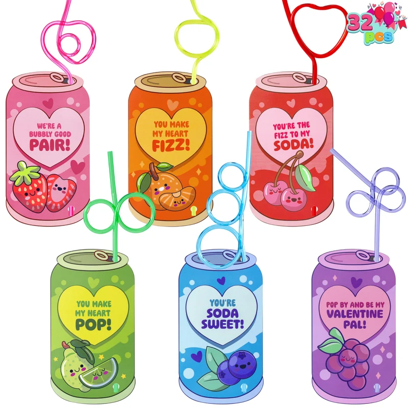 JOYIN 32 Pcs Valentine's Day Crazy Straws with Can Drink Cards