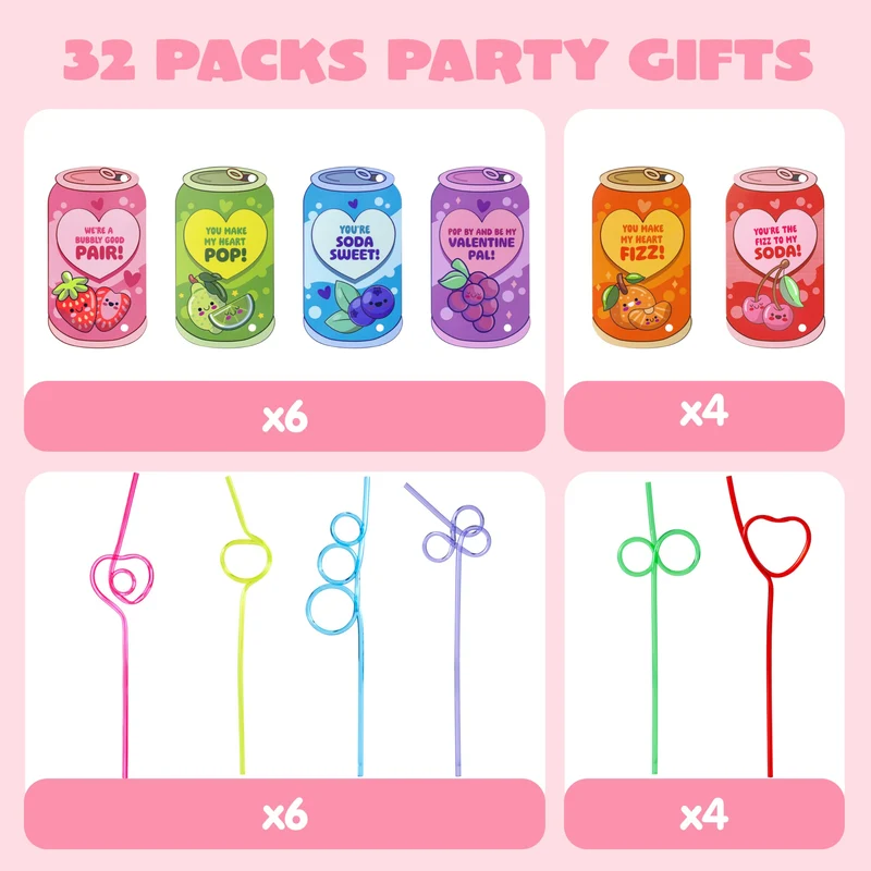 JOYIN 32 Pcs Valentine's Day Crazy Straws with Can Drink Cards