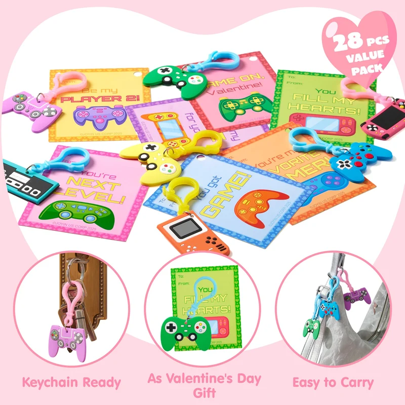 JOYIN 28 Pcs Video Game Keychains, Multi Colored Keychains & Cards with 7 Designs - Valentines Day Gift