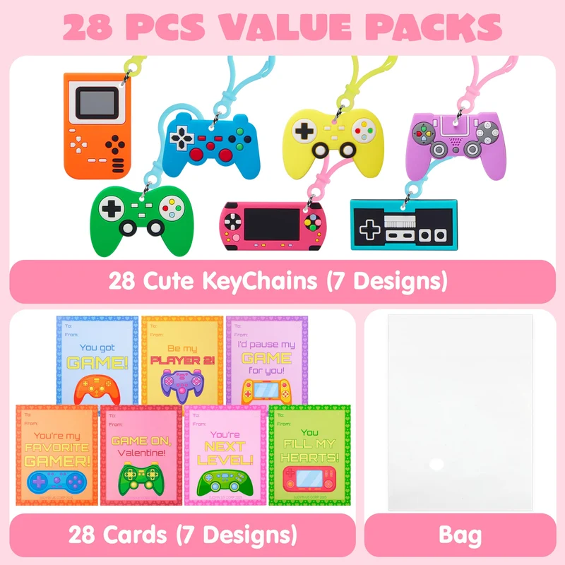 JOYIN 28 Pcs Video Game Keychains, Multi Colored Keychains & Cards with 7 Designs - Valentines Day Gift