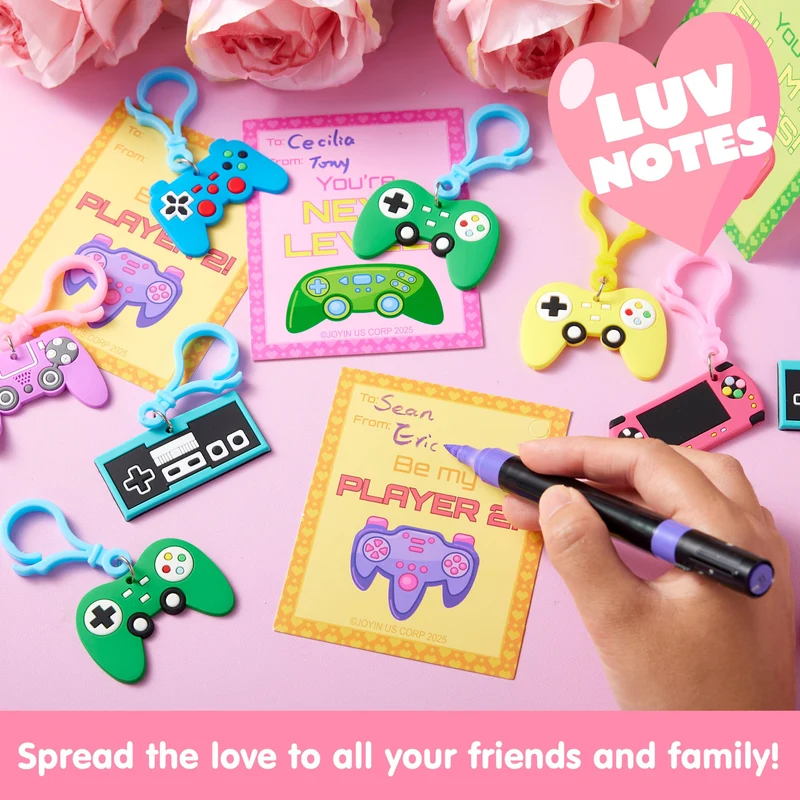 JOYIN 28 Pcs Video Game Keychains, Multi Colored Keychains & Cards with 7 Designs - Valentines Day Gift
