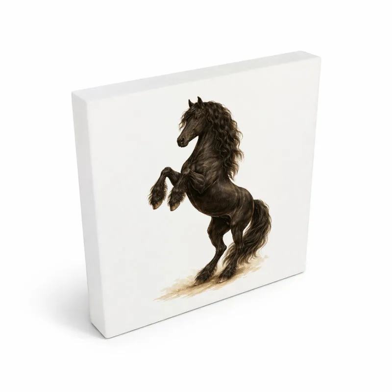 Prächtige Schönheiten Steigender Friese Pferde Holzbild in 10x10 cm zum Stellen oder Aufhängen