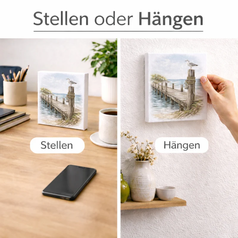Inselträume Möwe am Steg Holzbild in 10x10 cm zum Stellen oder Aufhängen
