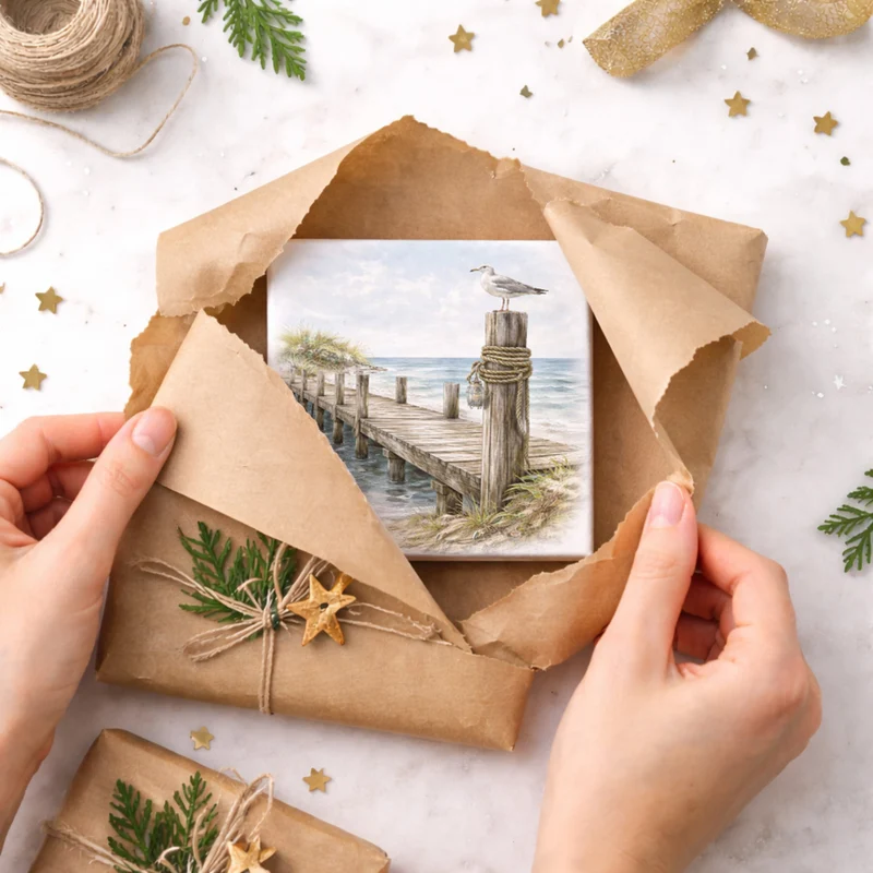 Inselträume Möwe am Steg Holzbild in 10x10 cm zum Stellen oder Aufhängen